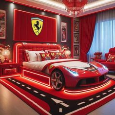 a bedroom with a ferrari car bed in the center and red curtains on the walls