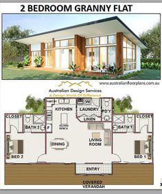 two bedroom granny flat floor plan with attached garage and living room, as well as an office