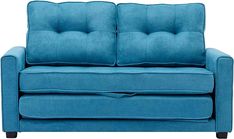 a blue couch sitting on top of a white floor