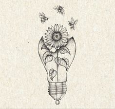 a drawing of a light bulb with sunflowers in it and bees flying around