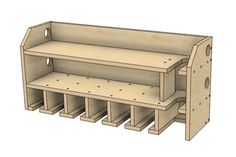 a wooden shelf with several compartments on each side and two shelves below the shelf are made out of plywood