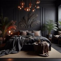 a bedroom with black walls and lots of lights hanging from the chandelier over the bed