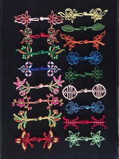 a bunch of different colored hair ties on a black background with the words monogram written below them