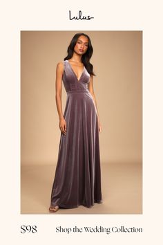 a woman in a long purple dress with the words shop the wedding collection on it