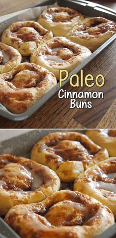 two pictures of cinnamon buns in a pan on a wooden table with the same image