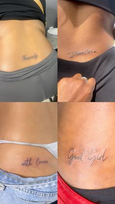 four different pictures of the same woman's stomach with tattoos on her lower back