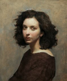 a painting of a woman with dark hair wearing a brown dress and looking off to the side