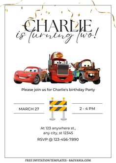 a birthday party card with cars on it