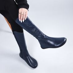 Women Flat KNEE Boots Barefoot Zero Drop NAVY Blue SMOOTH Leather Handmade Shoes, 6mm Soft Rubber Outsole - Etsy Blue Closed Toe Boots With Rubber Sole, Flat Knee Boots, Knee Boots Flat, Barefoot Boots, Handmade Shoes, Soft Rubber, Womens Flats, Smooth Leather, Leather Handmade