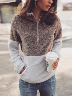 Shop Contrast Color Quarter Zip Teddy Sweatshirt – Discover sexy women fashion at IVRose Mantel Cape, Fashion Preppy, Mode Shoes, Blouse Casual Fashion, Winter Mode, Winter Outfits Women, Ladies Dress Design, Autumn Fashion Women, Womens Fashion Trends