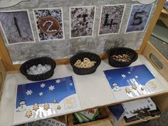 the table is set up with pictures and cards for children to make their own snowmen