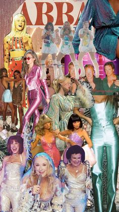 the collage shows many different women dressed in disco outfits and costumes, including one woman with