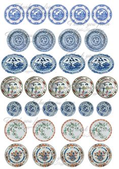 an assortment of blue and white plates with floral designs on the sides, all in different sizes