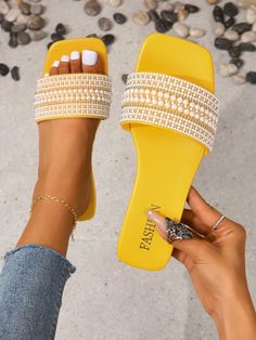 Yellow Fashionable Collar   Colorblock Slides Embellished   Women Shoes Yellow Heeled Sandals, Women Flat Sandals, Pretty Sandals, Yellow Heels, Beaded Flats, Outdoor Slippers, Stunning Shoes, Slides Women, Womens Sandals Flat