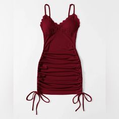 Super Cute Ribbed And Lace Drawstring Side Stretchy And Short Spaghetti Strap Dress. Size: Small Brand: Romwe Color: Red Wine Red Spaghetti Strap Dress Short, Wine Red Clothes, Wine Red Dress Short, Spaghetti Strap Dress Short, Short Spaghetti Strap Dress, Dark Red Short Dress, Short Burgundy Dress, Tight Short Dress, Red Spaghetti Strap Dress