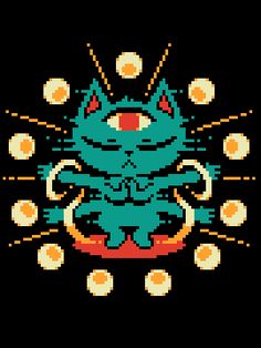 an old school pixel art style cat with glowing eyes on it's face and arms