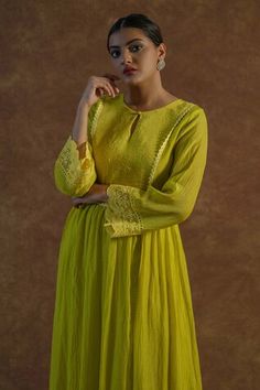 Lemon yellow anarkali with lace embroidery. Comes with palazzo and a dupatta. - Aza Fashions Anarkali Palazzo Set With Lace Work For Eid, Anarkali Palazzo Set With Lace Work For Diwali, Anarkali Sharara With Lace Work For Diwali, Festive Lace Work Palazzo Set For Diwali, Diwali Anarkali Sharara With Lace Work, Diwali Anarkali Dress With Lace Work, Festive Diwali Palazzo Set With Lace Work, Festive Green Kurta With Lace Work, Anarkali Kurta With Lace Work For Navratri