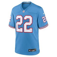 Rep the on-field look of your favorite Tennessee Titans player with this Derrick Henry Oilers Throwback Alternate Game Player Jersey by Nike. Its heat-sealed graphics provide a kickoff-ready aesthetic while also offering a comfortable, lightweight feel. Its breathable design combines past and present details with a "Luv ya Blue!" graphic so you can show off your devotion to the Tennessee Titans. Stitched NFL Shield at collar Nike Game Designed for movement Material: 100% Polyester Tricot Move To Titans Jersey, Eddie George, Derrick Henry, Blue Game, Embroidered Name, Nike Nfl