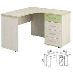 an l - shaped desk with four drawers is shown in the image and has measurements for each drawer