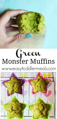 green monster muffins on a cooling rack with text overlay that reads, green monster muffins