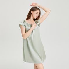 This 19 Momme Silk Short Sleeve Ruffle Silk Chemise is made of 100% Mulberry silk, which is washable. The simple yet modern design gives this 100 silk chemise a perfect silhouette. The washable silk chemise is the star line of THXSILK pajamas and includes a silk camisole top, short robe and pajamas sets. The ruffle design lets you have sweet style. It is a must-have for lounging at home. After purchasing it you will find that you need this lovely nightgown every night, with a comfortable and bre Ruffle Nightgown, Cute Nightgowns, Tight Skirts, Silk Camisole Top, Chemise Dress, Silk Chemise, Pink Galaxy, Silk Sleepwear, Ruffle Design