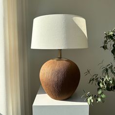 a lamp sitting on top of a white block next to a potted green plant