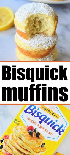 a stack of pancakes with powdered sugar on top and the words bisquick muffins above it