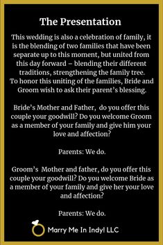 a black and gold frame with the words, wedding is also celebration of family it is the blending of two families that have been separate up to