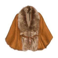 Shearling cape with trim Toscana fur front Integrated belt metal closure 24" long One size fit all Style #9155/9001 Dry clean by fur specialist only Luxury Cape With Faux Fur Trim, Fur Wrap, Shawl Collar, Welt Pocket, One Size Fits All, Fur Coat, Shawl, Caramel, Cape