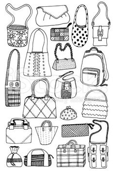 handbags and purses are drawn in black ink on a white paper with the words,