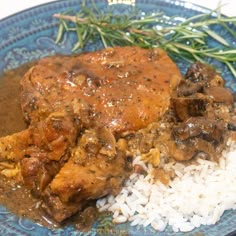 a blue plate topped with rice and meat covered in gravy