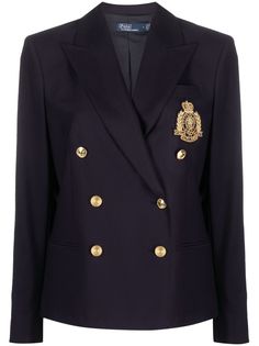 navy blue stretch-wool crest motif peak lapels double-breasted button fastening embossed gold-tone buttons long sleeves chest welt pocket two front jetted pockets English rear vents straight hem Blue Suede Jacket, Suede Jacket Men, Christian Dior Haute Couture, Polo Ralph Lauren Women, Navy Blue Blazer, Blazer Blue, Summer Work, Wardrobe Ideas