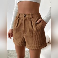 *New Without Tags *Size: Small *Waist: 14" *Inseam: 3" *Color: Brown *Fabric: 100% Polyester *High Waist *Non Stretch Cheap Brown Skort With Pockets, Cheap Brown Bottoms With Built-in Shorts, Trendy High Waist Corduroy Shorts, Brown High-waisted Corduroy Shorts, Brown High Waist Corduroy Shorts, Spring High-waisted Corduroy Shorts, High Waist Brown Corduroy Shorts, Trendy Short Corduroy Bottoms, High-waist Corduroy Shorts For Fall