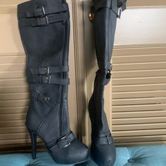 Beautiful New Never Worn Black Buckle Stiletto Boots. Too Big For Me. Size 36 Night Out Faux Leather Heeled Boots With Buckle Closure, Faux Leather Boots With Buckle For Night Out, Party Knee-high Boots With Buckle Closure And Round Toe, Wide Calf Party Boots With Buckle Closure, Wide Calf Boots With Buckle Closure For Party, Wide Calf High Heel Boots With Buckle Closure, Knee-high Boots With Buckle Closure For Night Out, Winter Heels With Buckle Closure For Night Out, Fitted Boots With Buckle Closure And Ankle Strap