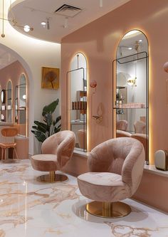 the interior of a hair salon with pink walls and marble floors, mirrors on the wall