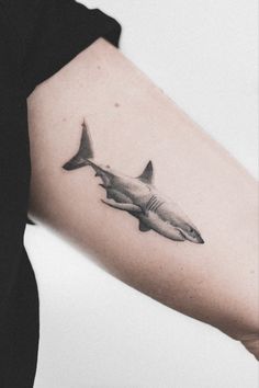 a black and white photo of a shark tattoo on the arm