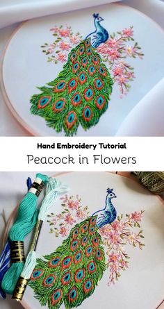 the peacock embroidery pattern is being worked on by hand embroidery artist, pecock in flowers