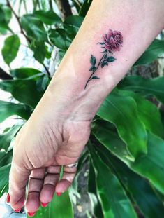 a small rose tattoo on the left inner arm and wrist, with green leaves surrounding it