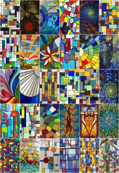 a collage of stained glass images with different colors and shapes on them, all in various patterns