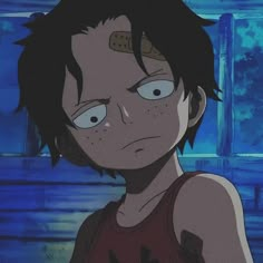 an animated image of a young man with blue eyes and black hair wearing a red tank top