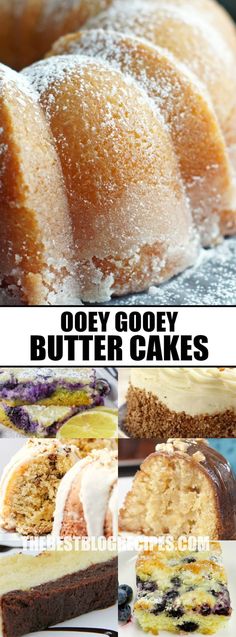 several different types of cakes on display with words above them that read, ooey gooey butter cakes