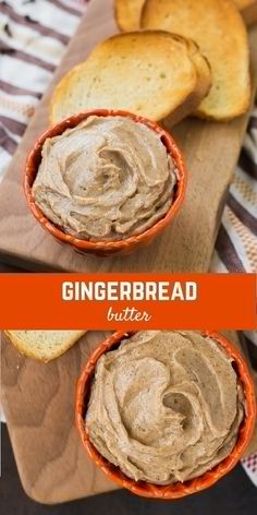 two bowls filled with peanut butter on top of a cutting board next to sliced bread