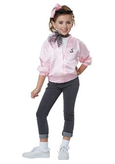 We Know We Are Cool. The Child Size 50's Satin Varsity Jacket Is A Zip Up Jacket With Graphic Art Print On The Back. It Comes With A Set Of Iron On Alphabet Monograms. Include: Jacket, Set Of Iron-On Monograms 50s Dress Up Day, Kids 50s Costume, Grease Fashion, Sock Hop Outfits, Pink Lady Costume, 50s Outfit, Grease Costume, Satin Varsity Jacket, Dance Jackets