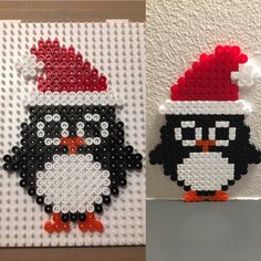 two pictures one with a penguin and the other with a santa hat on it, both made out of legos