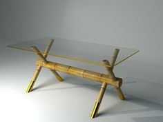 a glass table with wooden legs and a bamboo structure on it's top, against a white background