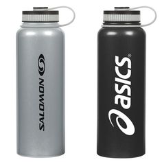 two aluminum water bottles one black and the other silver, both have logos on them