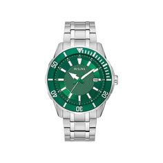 Add some color to your style with this Bulova Men's Classic Stainless Steel Watch. Click on this JEWELRY & WATCHES GUIDE to learn about fit, styles, materials and more! Add some color to your style with this Bulova Men's Classic Stainless Steel Watch. Click on this JEWELRY & WATCHES GUIDE to learn about fit, styles, materials and more! FEATURES Date window Green unidirectional bezelDISPLAY Dial type: textured Face cover material: mineral crystal Illumination: luminescent hands & hour markersCASE Green Stainless Steel Chronograph Watch Accessories, Green Chronograph Stainless Steel Watch, Green Stainless Steel Watch Accessories With Round Dial, Green Stainless Steel Chronograph Watch, Modern Green Watch Accessories, Green Stainless Steel Watch Accessories, Green Chronograph Round Watch, Green Round Chronograph Watches, Retail Outlet