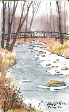 a watercolor painting of a bridge over a river in the woods with snow on the ground