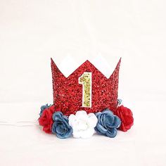 Independence Day Accessory, Red White Blue Crown, Fourth of July Parade Accessory, Uncle Sam Crown, Red Party Crown, Red Round Crown For Party, Fourth Of July Parade, Birthday Party Girl, Crown Birthday, Red Crown, Blue Crown, Floral Decorations, Floral Birthday