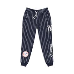 The New York Yankees Logo Select Pinstripe Jogger features a chenille applique Yankees logo and embroidered wordmark at the left leg with an alternate team logo at the right ankle. Fabric: 52% polyester, 42% cotton, 6% spandex Collegiate Style Sports Bottoms With Letter Print, Striped Sportswear Bottoms For Sports, Collegiate Cotton Bottoms For Streetwear, Casual Streetwear Bottoms With Signature Stripes, Casual Bottoms With Signature Stripes For Streetwear, Sporty Sweatpants With Embroidered Logo For Streetwear, Sporty Striped Bottoms For Streetwear, Sporty Cotton Joggers For Sports Events, Casual Cotton Bottoms With Signature Stripes